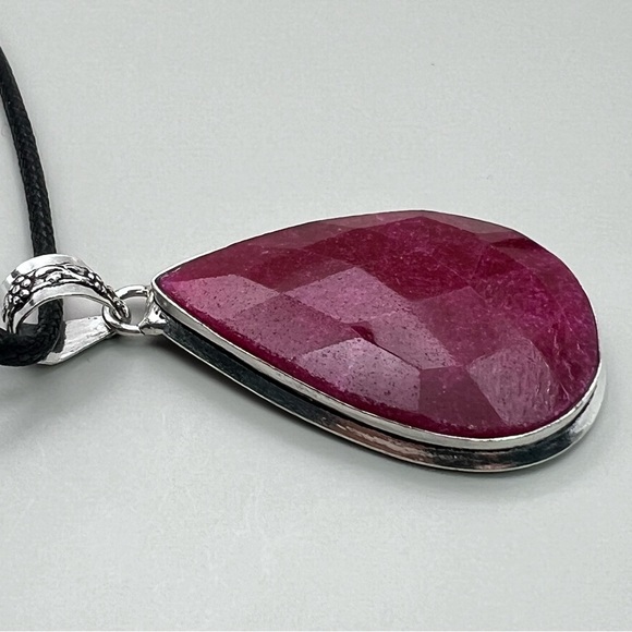New Faceted Enhanced Ruby Stone Silver Overlay Pendant with Cord - Picture 3 of 5